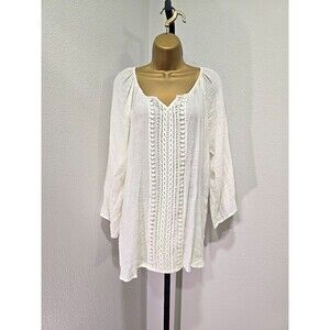 High Fifth Cream Gauzy Embroidered Tunic Womens 2X Boho Cottage Fairy Ethereal